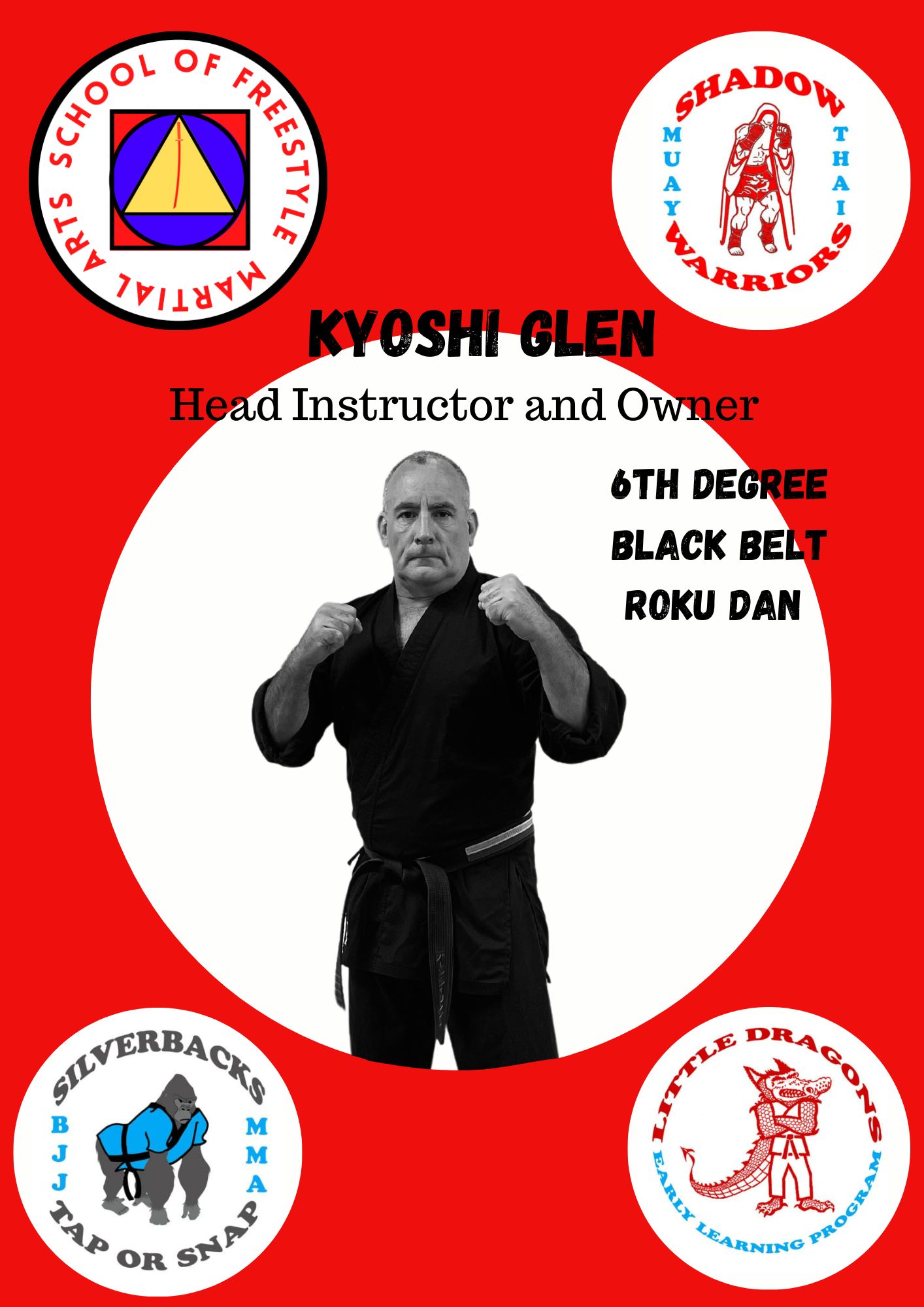 Kyoshi Glen Phillips, owner and chief instructor, in his black belt at the SOFMA dojo